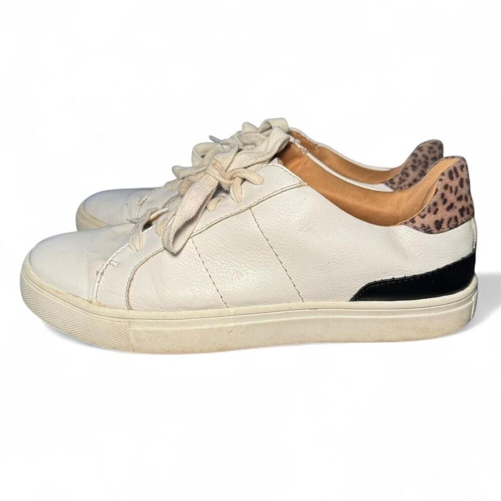 Dolce Vita Women’s Size 7.5 White Leather Sneakers Leopard Print Heel Casual Sho